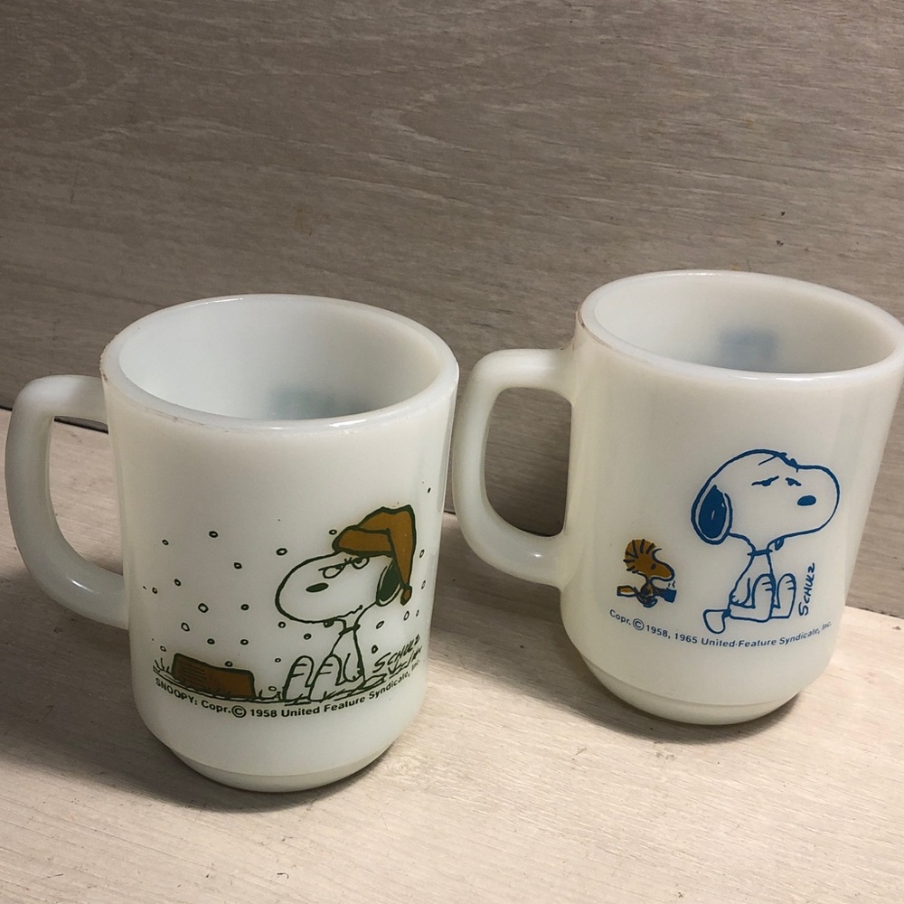 Fire King Snoopy & Woodstock Vintage 1958/1965 12 Oz. Coffee Cup Bundle Lot of 2